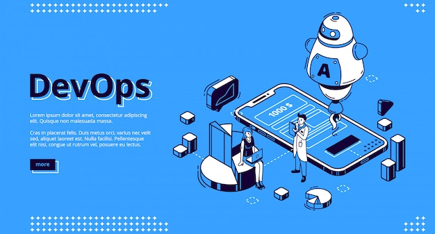 Banner isométrico Devops, desarrollo y operación