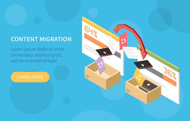 Vector gratuito banner isométrico de gestión de contenido horizontal con descripción de migración de contenido y aprender más ilustración de vector de botón