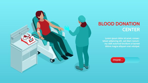 Banner isométrico horizontal del centro de donación de sangre con una enfermera que instruye al donante en una silla reclinable