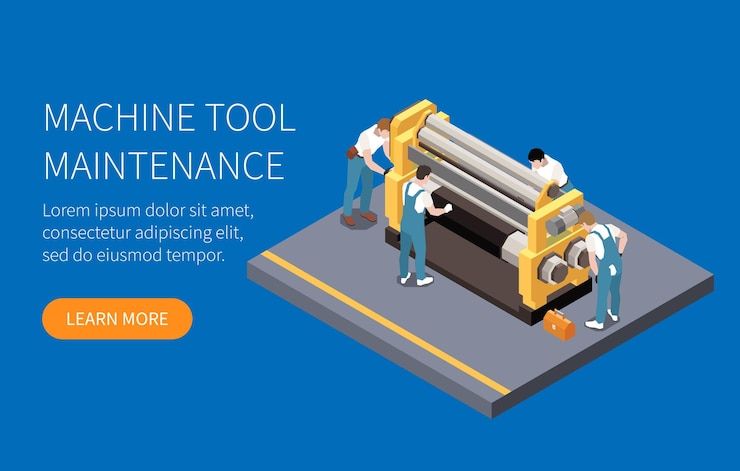 Vector gratuito banner isométrico técnico de ingeniero de mantenimiento industrial con titular de mantenimiento de máquina herramienta y aprender más ilustración de vector de botón