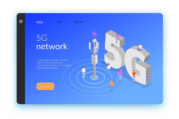 Banner isométrico de tecnologías inalámbricas o página de destino con red de cinco g