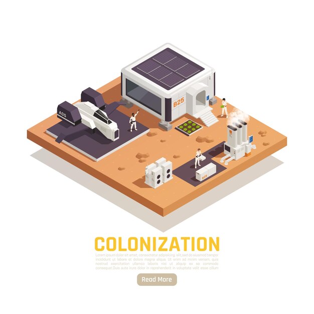 Banner isométrico de terraformación de colonización espacial con edificios, un vehículo volador y personajes humanos