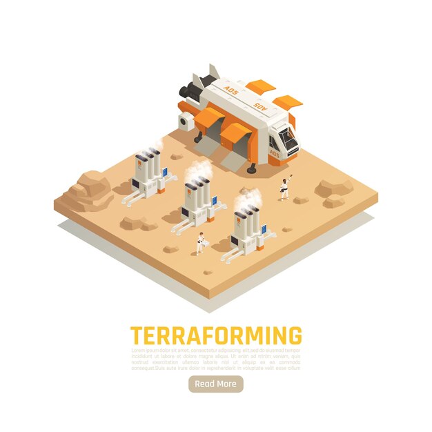 Banner isométrico de terraformación de colonización espacial con vehículos voladores y plantas de energía