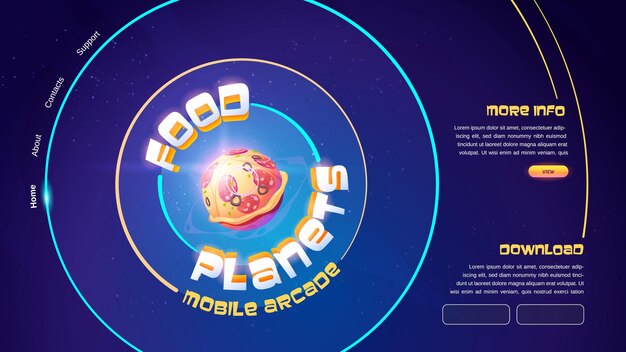 Banner de juego de arcade móvil de planetas de comida