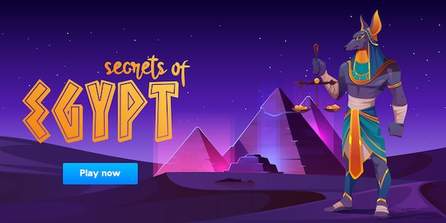 Vector gratuito banner de juego sobre secretos de egipto con anubis y pirámides en un paisaje desértico.