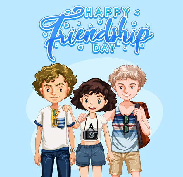 Banner con el logo del Día de la Amistad Feliz con un grupo de adolescentes