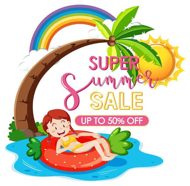 Banner de logo de Super Summer Sale con una chica en anillo de natación aislado