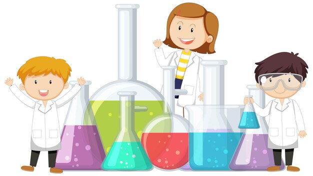 Banner con el logotipo científico con científicos de dibujos animados vestidos
