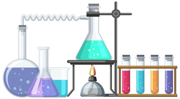 Banner con logotipo científico con herramientas y equipos de laboratorio