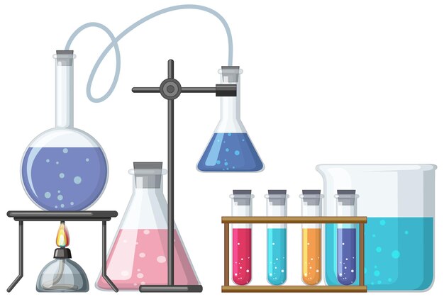 Banner con logotipo científico con herramientas y equipos de laboratorio