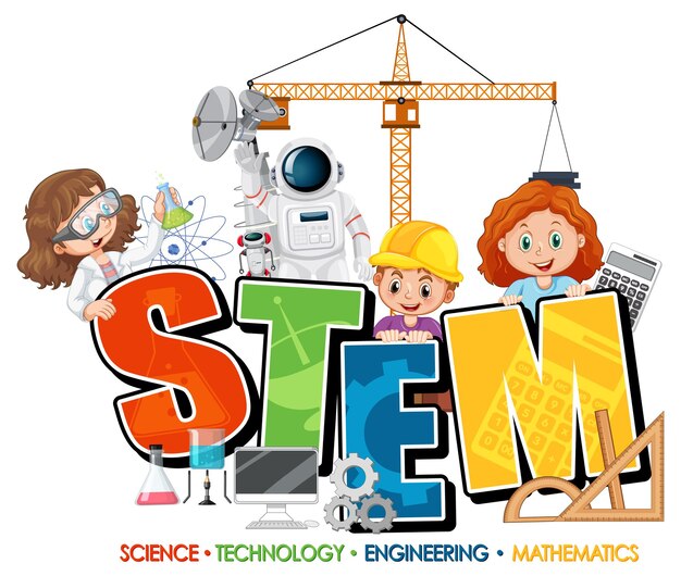 Banner de logotipo de educación STEM con personaje de dibujos animados para niños
