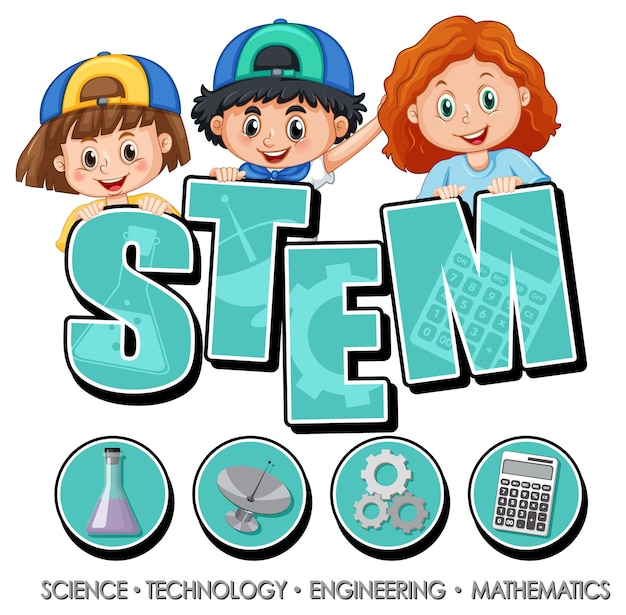 Vector gratuito banner de logotipo de educación stem con personaje de dibujos animados para niños