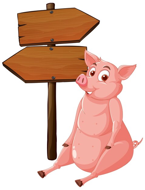 Banner de madera aislado con cerdo divertido
