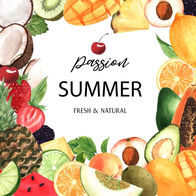 Banner de marco de frutas tropicales con texto, maracuyá con kiwi, piña, patrón frutal