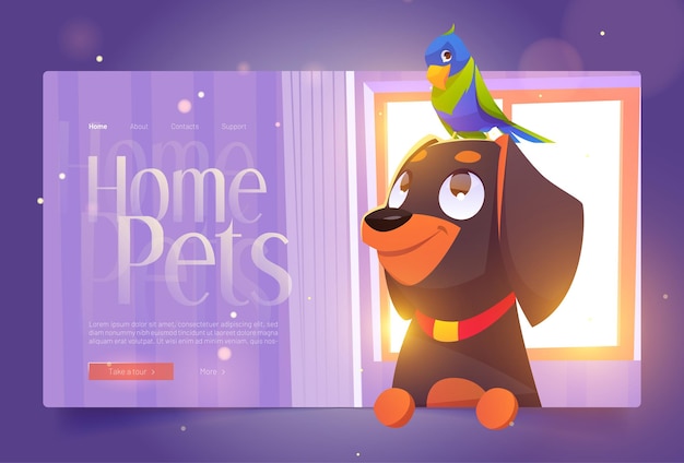 Banner de mascotas caseras con lindo perro y loro