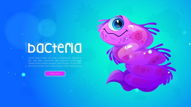 Banner médico con bacterias graciosas carácter microbio púrpura sobre fondo azul Cartel de vector con ilustración de dibujos animados de germen de virus lindo o microorganismo Célula de bacteria cómica con flagelos