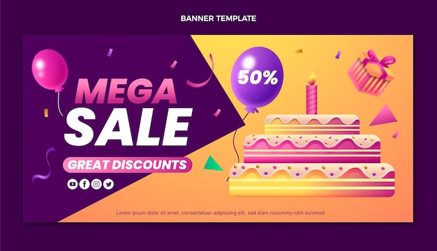 Banner de mega venta de cumpleaños colorido degradado