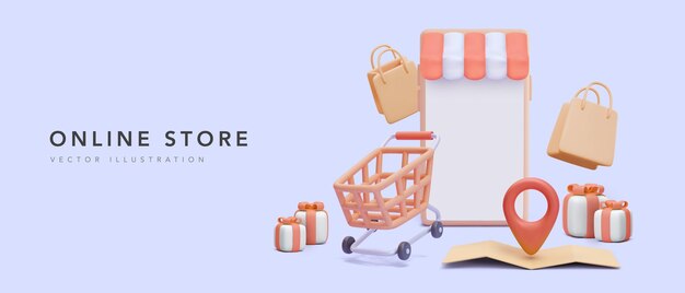 Banner de mega venta para su tienda en línea en estilo realista con teléfono, mapa, carrito, bolso, regalo. Ilustración vectorial