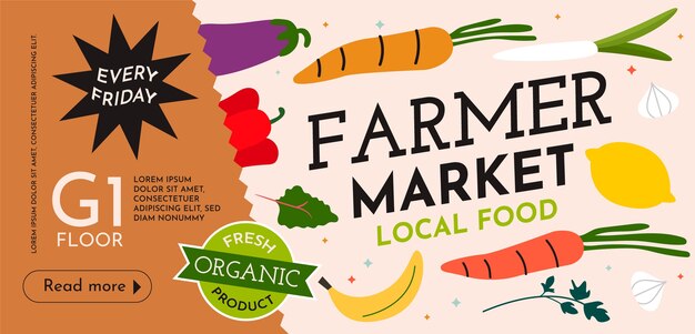 Banner de mercado de agricultores de diseño plano dibujado a mano