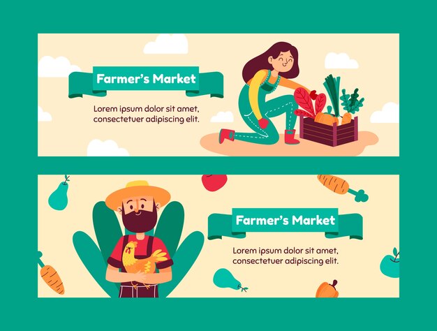 Banner de mercado de agricultores de diseño plano dibujado a mano