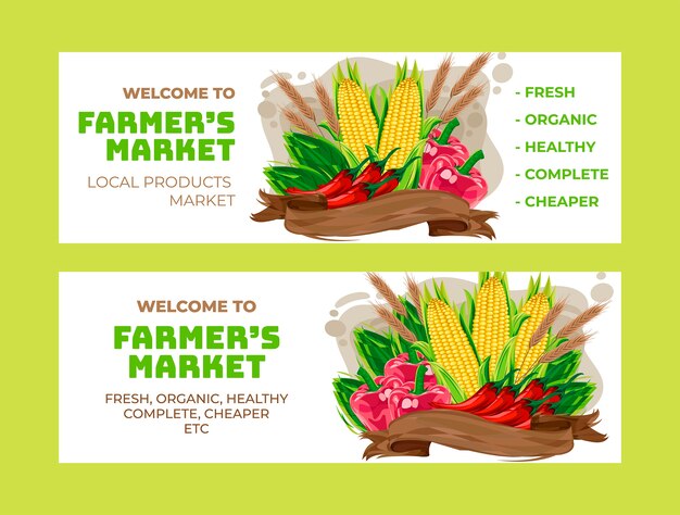 Banner de mercado de agricultores de diseño plano dibujado a mano