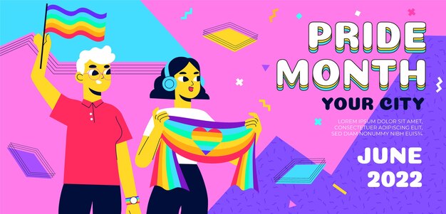 Banner del mes del orgullo dibujado a mano con gente feliz