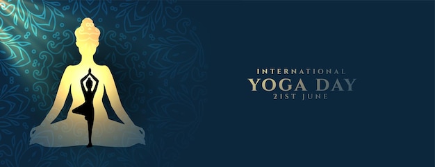 Banner moderno del día internacional del yoga con postura de mediación para la calma