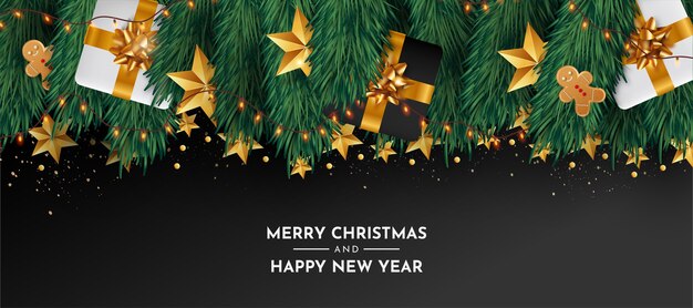 Banner moderno de feliz Navidad y feliz año nuevo con objetos realistas