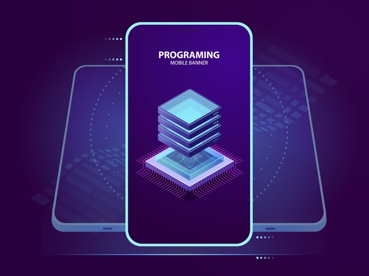 Vector gratuito banner móvil de desarrollo y programación de aplicaciones móviles, icono isométrico de sala de servidores, datos