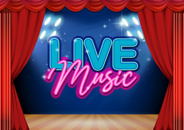 Banner de música en vivo con cortinas rojas del escenario