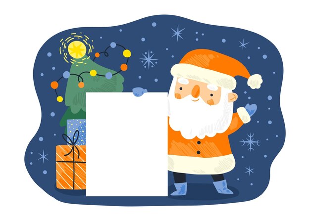 Banner de navidad en blanco con santa claus sosteniéndolo
