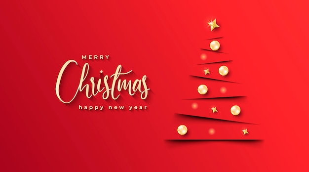 Banner de Navidad elegante con árbol de Navidad minimalista y fondo rojo