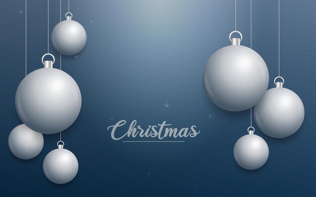 Banner de Navidad vectorial con adornos de texto Feliz Navidad adornos de plata sobre fondo azul