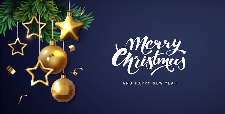 Vector gratuito banner navideño con bolas doradas y ramas de abeto sobre fondo oscuro