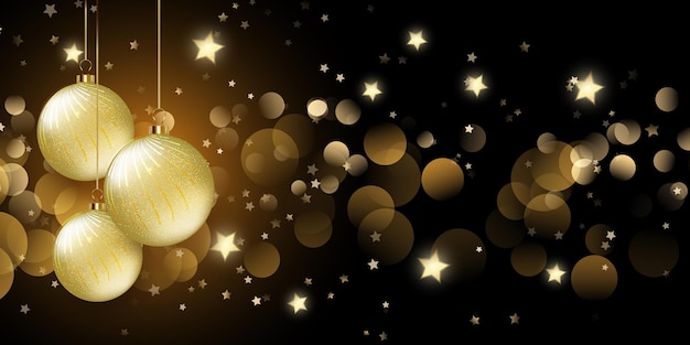 Banner navideño con estrellas y luces doradas bokeh