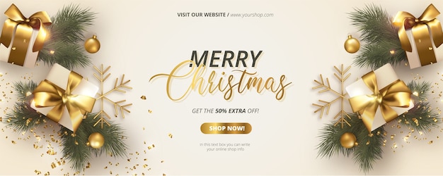 Vector gratuito banner navideño realista con decoración blanca y dorada.