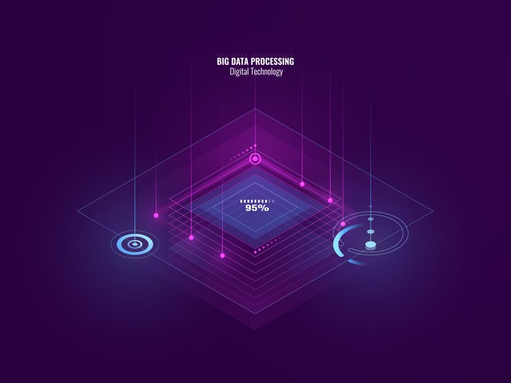 Banner de neón isométrico de tecnología digital, procesamiento de datos grandes, sala de servidores, futuro de la tecnología