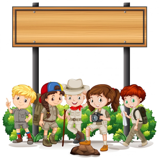 Vector gratuito banner con niños bajo cartel de madera