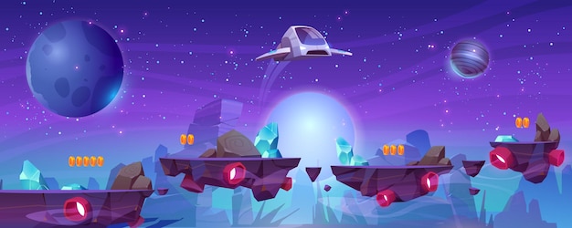 Banner de nivel de juego espacial con plataformas y nave espacial voladora.