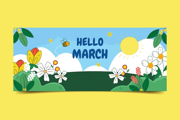 Banner o fondo de hola marzo dibujado a mano