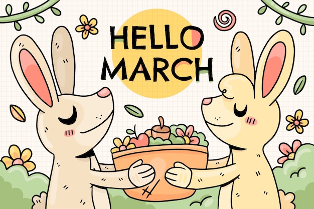 Banner o fondo de hola marzo dibujado a mano