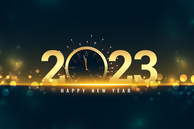 Banner de ocasión de año nuevo 2023 con reloj y efecto de luz.