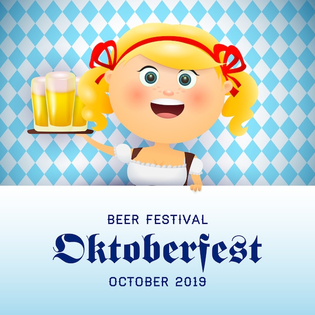 Banner de Oktoberfest con alegre camarera llevando cerveza