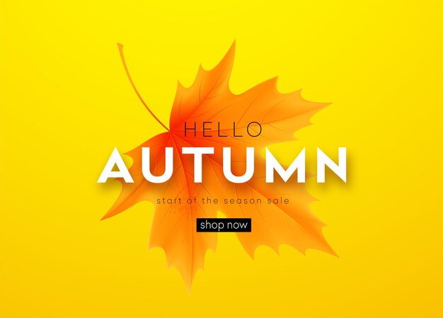 Banner de otoño con letras y hojas de arce otoñales amarillas