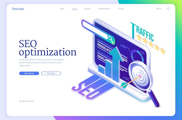 Banner de página de aterrizaje isométrico de optimización seo