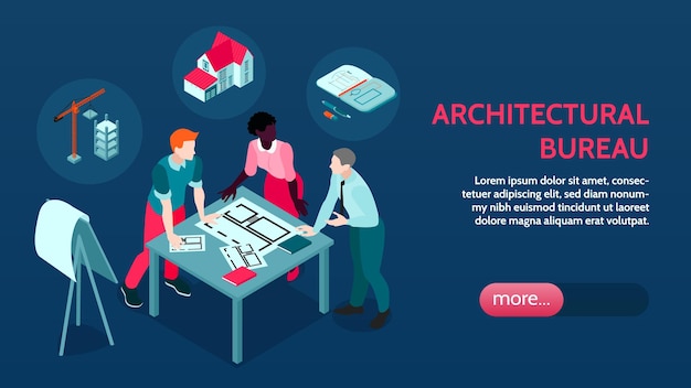 Banner de la página de inicio isométrica de la agencia arquitectónica con el equipo de arquitectos discutiendo el proyecto de diseño de edificios modelado ilustración vectorial de construcción