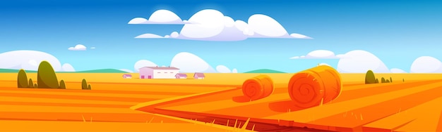 Vector gratuito banner con paisaje rural con fardos de heno en el campo agrícola y edificios agrícolas