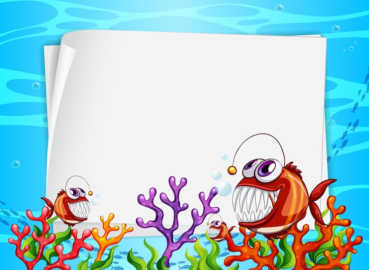 Vector gratuito banner de papel en blanco con peces exóticos y elementos de la naturaleza submarina en el fondo submarino