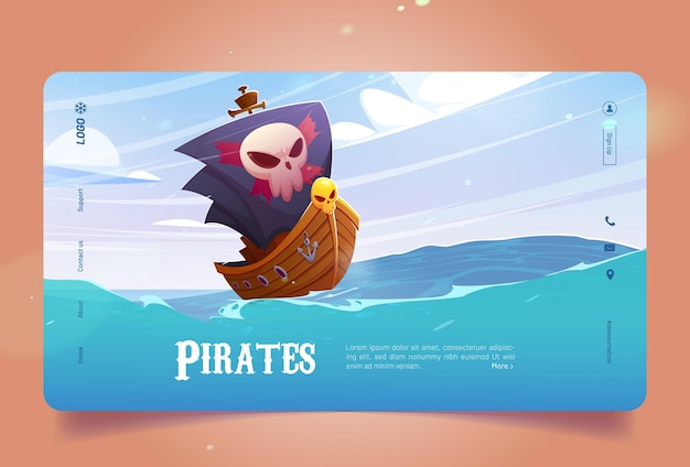 Banner de piratas con barco con velas negras y calavera dorada en el mar