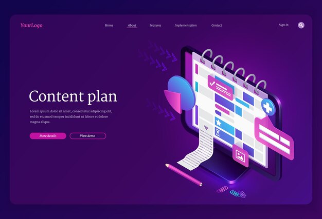 Banner del plan de contenido. Servicio para trabajo organizativo en redes sociales, tareas de optimización, gestión de marketing. Página de inicio de vector con pantalla de computadora isométrica con planificador